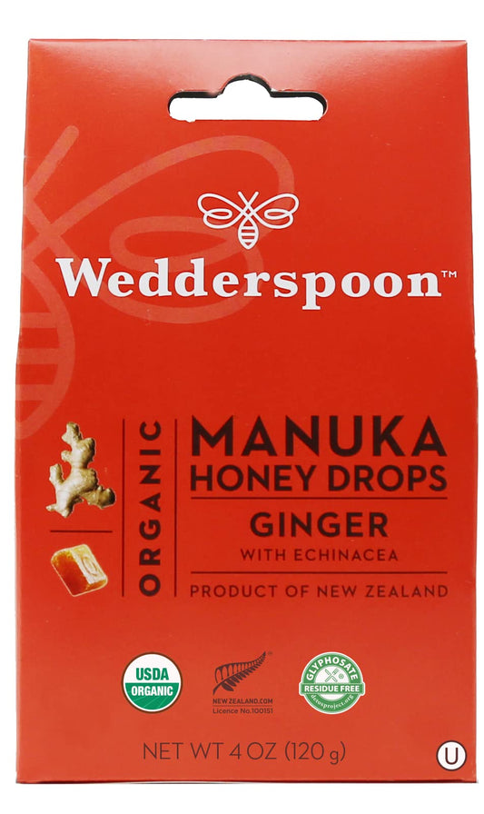 Wedderspoon Organic Manuka Honey Drops, Ginger & Echinacea, 20 Count (Pack of 1) | Genuine New Zealand Honey | Perfect Remedy For Dry Throats - The Great Shoppe