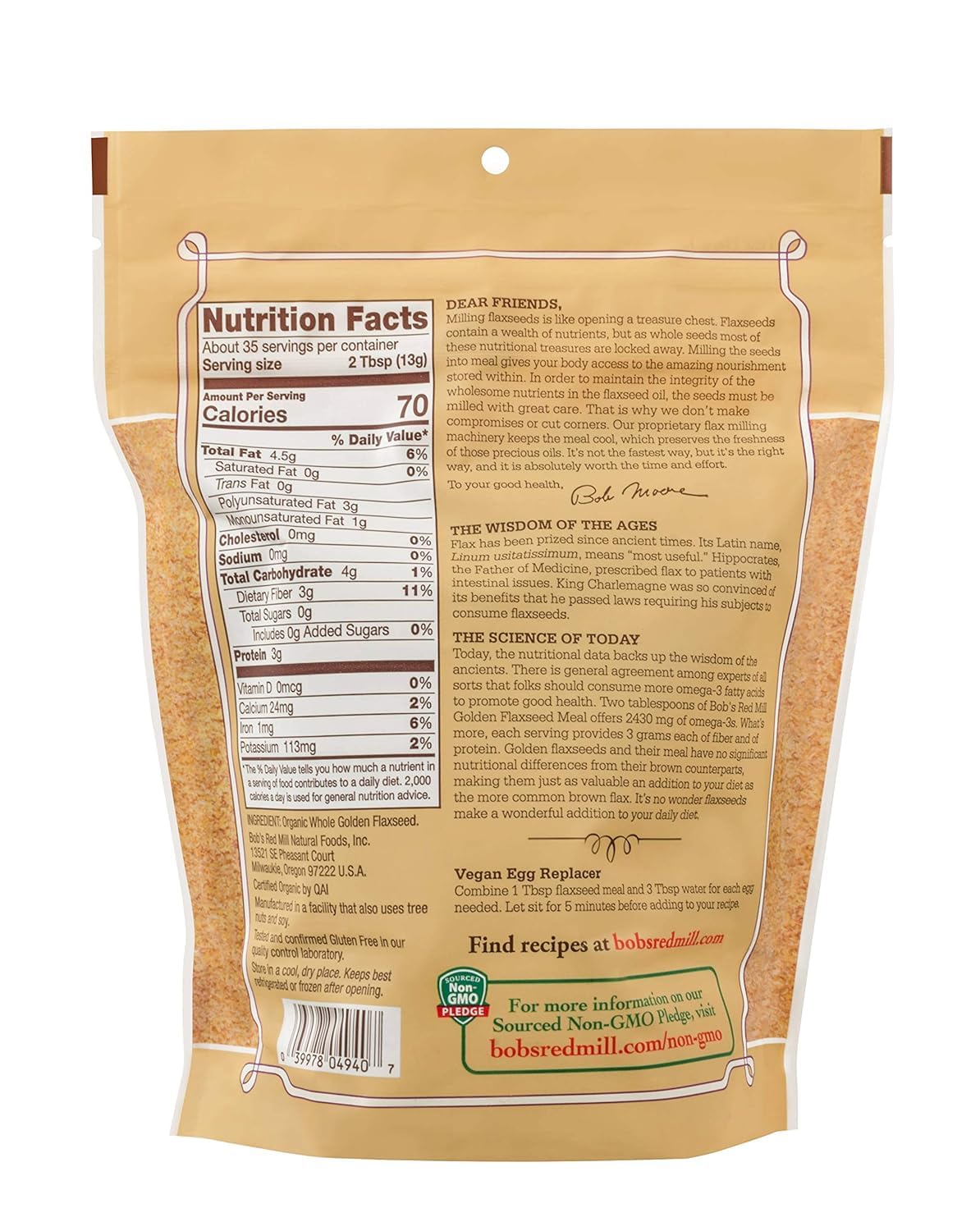 Bobs Golden Flaxseed Meal, Organic, Gluten Free, Whole Ground, 16 Ounce - The Great Shoppe