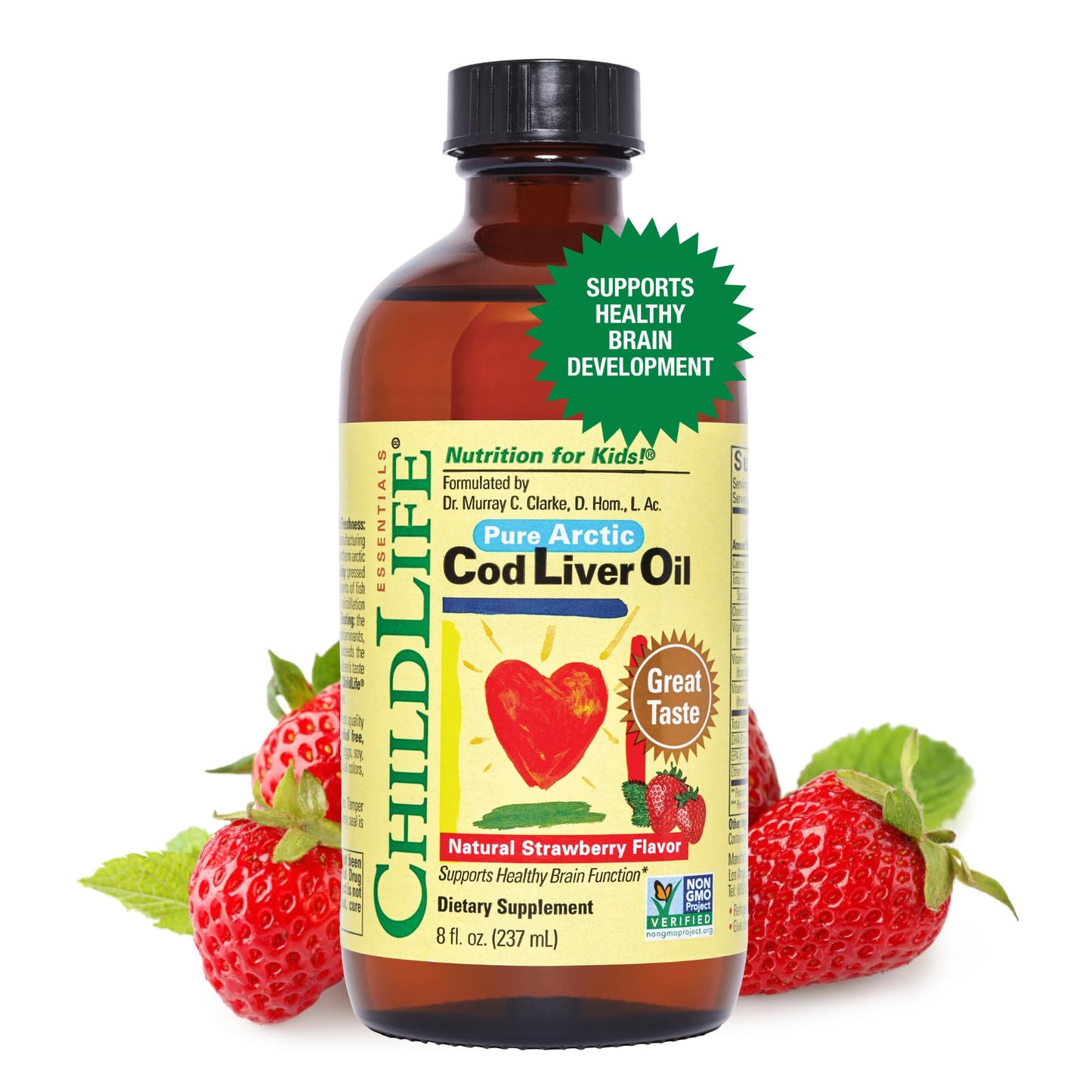 CHILDLIFE Essentials Liquid Cod Liver Oil for Kids - Purified Arctic Cod Liver Oil, Supports Healthy Brain Function, All-Natural, Non-GMO, Gluten-Free - Natural Strawberry Flavor, 8 Fl Oz Bottle