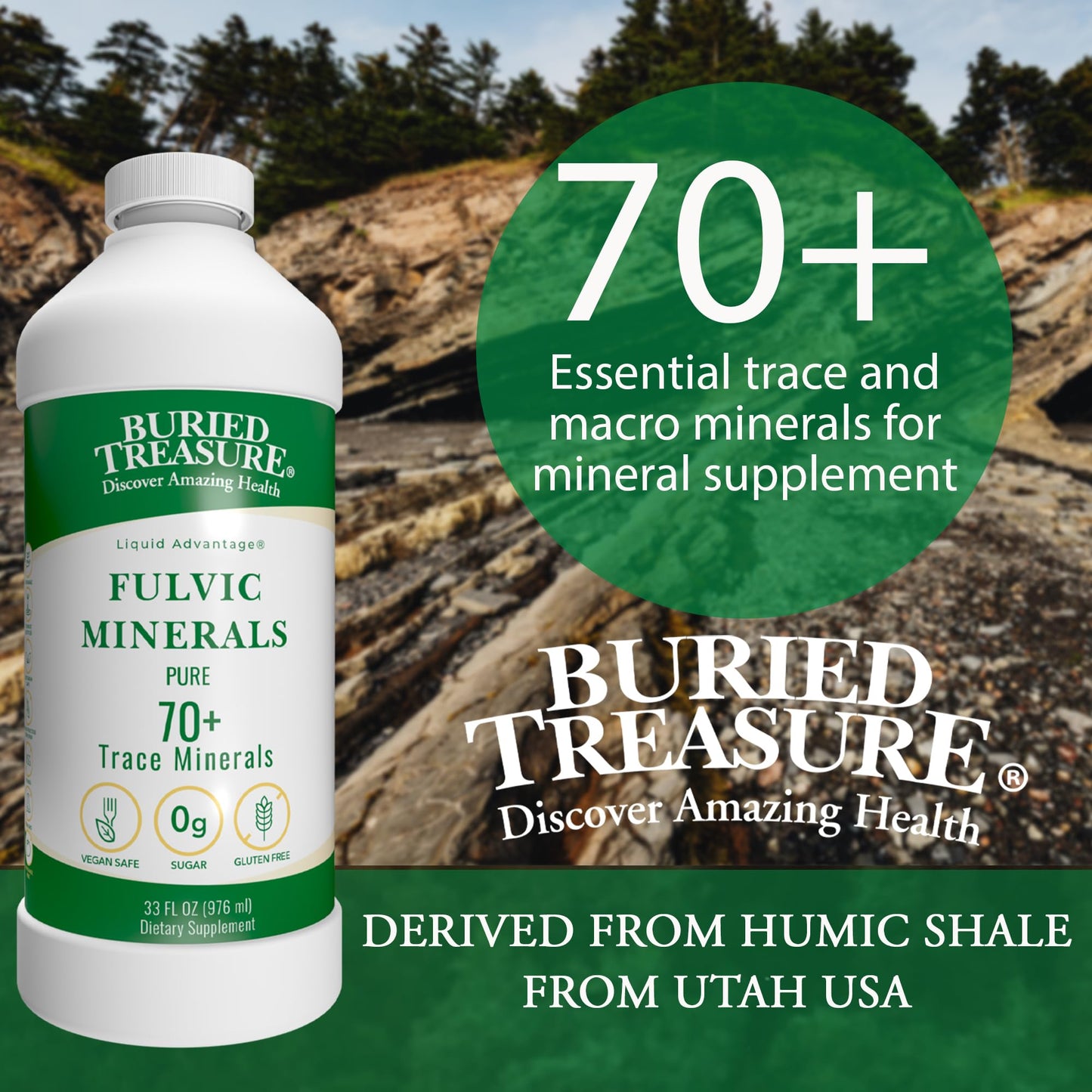 Buried Treasure Liquid Advantage FULVIC MINERALS Pure 70+ Trace Minerals 33 oz Dietary Supplement